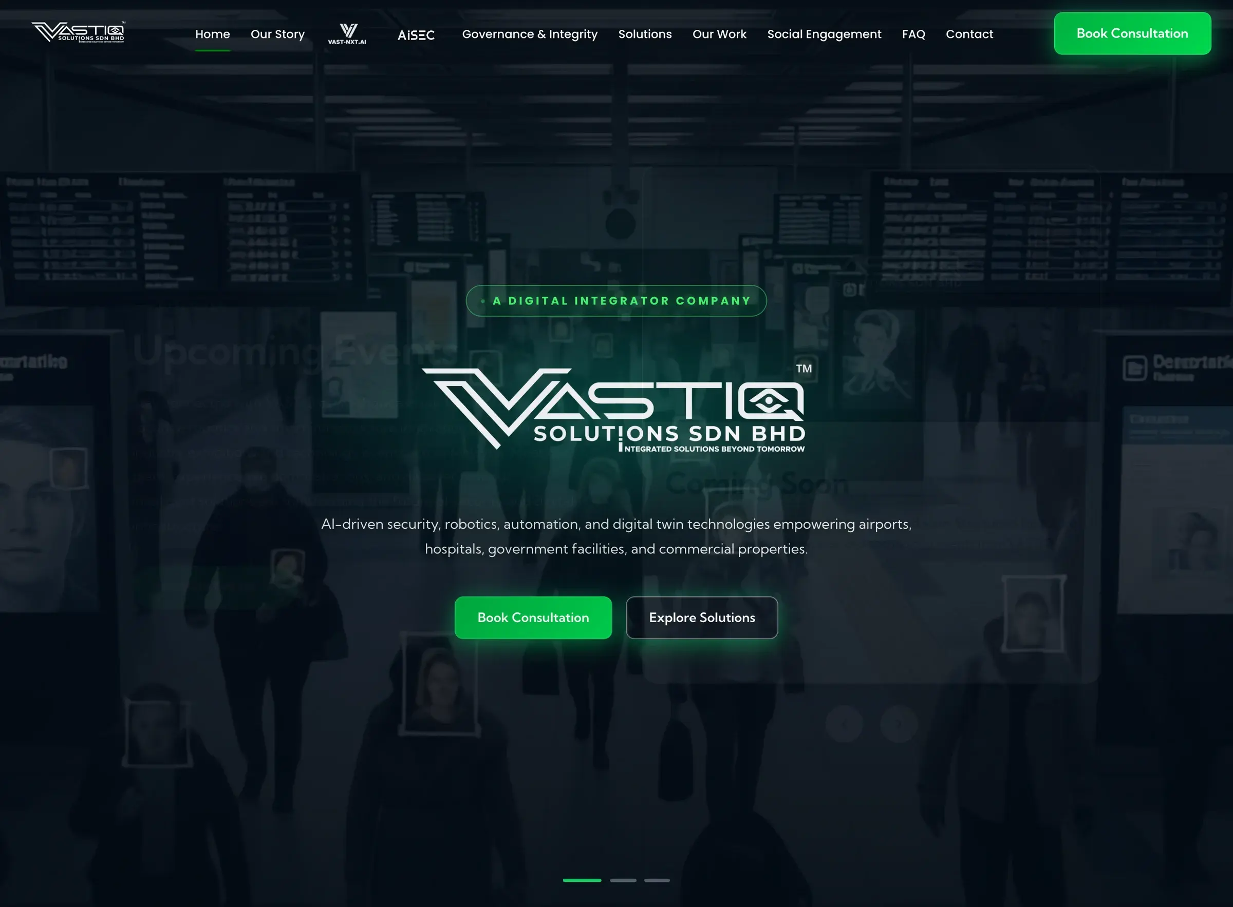 The Vastiq Solutions website home page: dark hero with the Vastiq logo, the line A Digital Integrator Company and Book Consultation and Explore Solutions buttons